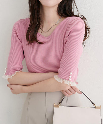 【natural couture】前後兩穿透視荷葉邊羅紋針織衫