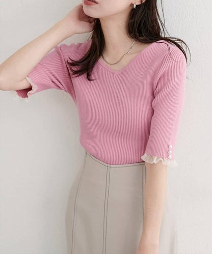 【natural couture】前後兩穿透視荷葉邊羅紋針織衫