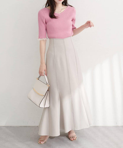 【natural couture】前後兩穿透視荷葉邊羅紋針織衫