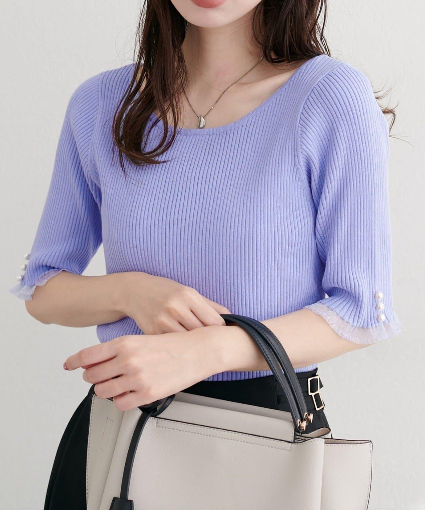 【natural couture】前後兩穿透視荷葉邊羅紋針織衫