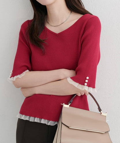 【natural couture】前後兩穿透視荷葉邊羅紋針織衫