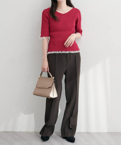 【natural couture】前後兩穿透視荷葉邊羅紋針織衫