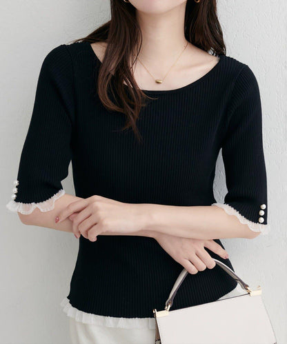 【natural couture】前後兩穿透視荷葉邊羅紋針織衫