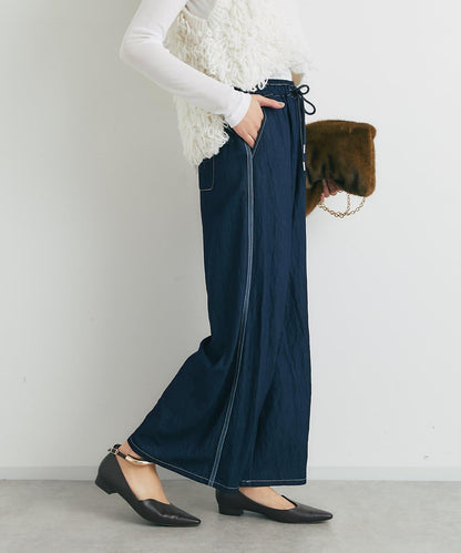 舒適穿著感亮面牛仔闊腿褲