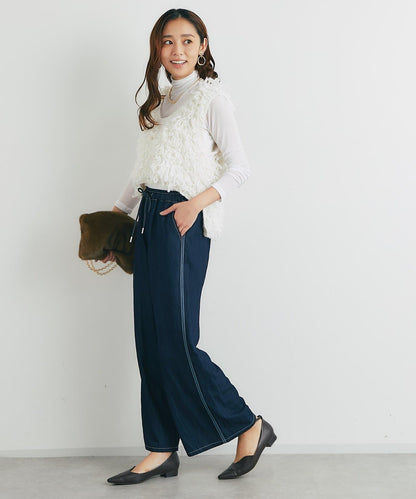 舒適穿著感亮面牛仔闊腿褲