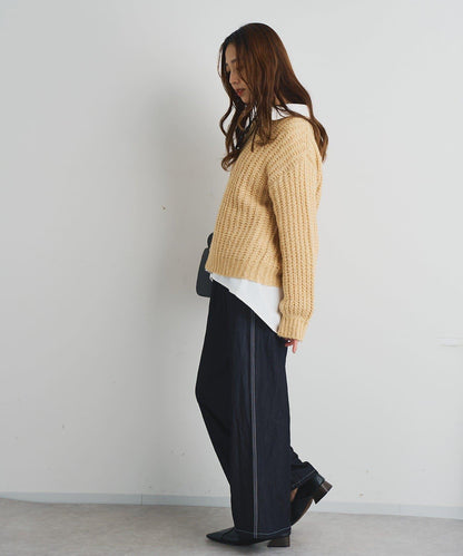 舒適穿著感亮面牛仔闊腿褲