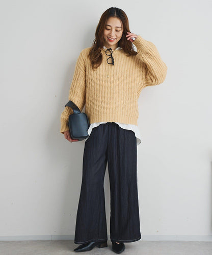 舒適穿著感亮面牛仔闊腿褲