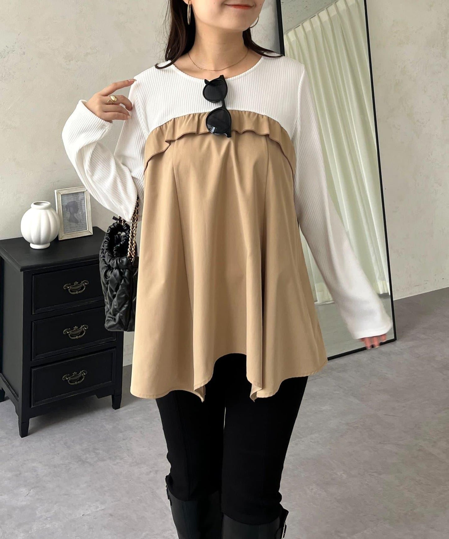 不規則下襬荷葉邊拼接A字羅紋長袖T恤