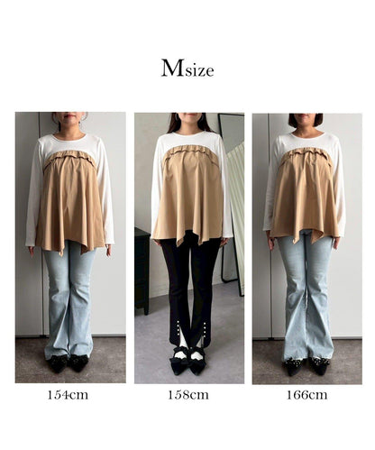 不規則下襬荷葉邊拼接A字羅紋長袖T恤