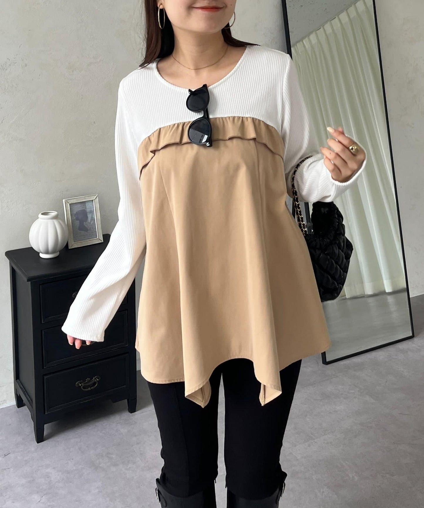 不規則下襬荷葉邊拼接A字羅紋長袖T恤