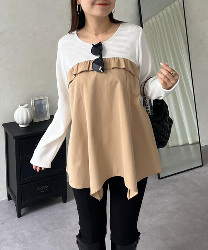 不規則下襬荷葉邊拼接A字羅紋長袖T恤