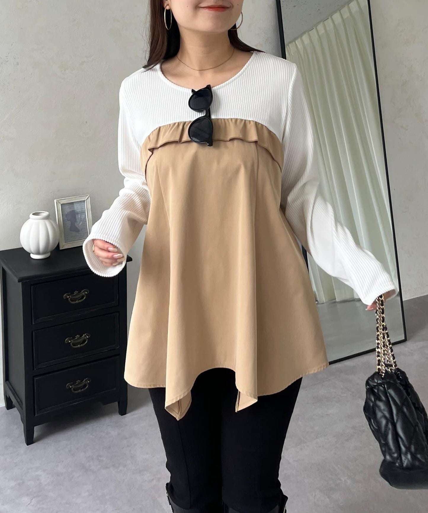 不規則下襬荷葉邊拼接A字羅紋長袖T恤