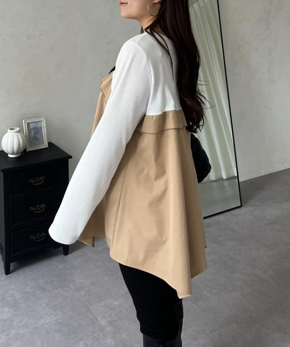 不規則下襬荷葉邊拼接A字羅紋長袖T恤