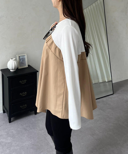 不規則下襬荷葉邊拼接A字羅紋長袖T恤