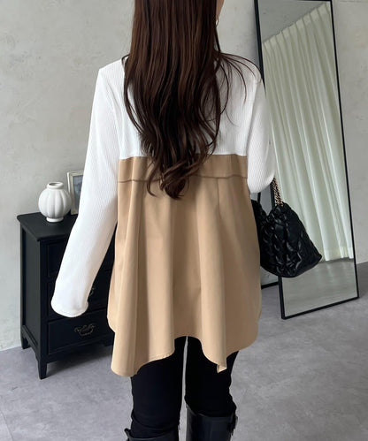 不規則下襬荷葉邊拼接A字羅紋長袖T恤