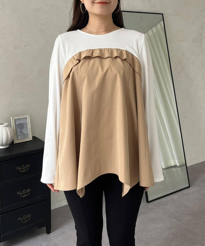 不規則下襬荷葉邊拼接A字羅紋長袖T恤