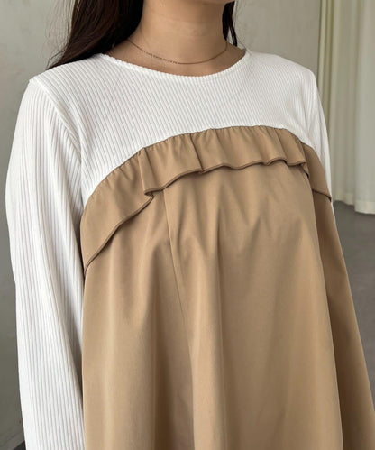 不規則下襬荷葉邊拼接A字羅紋長袖T恤