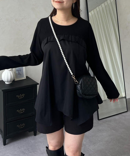 不規則下襬荷葉邊拼接A字羅紋長袖T恤