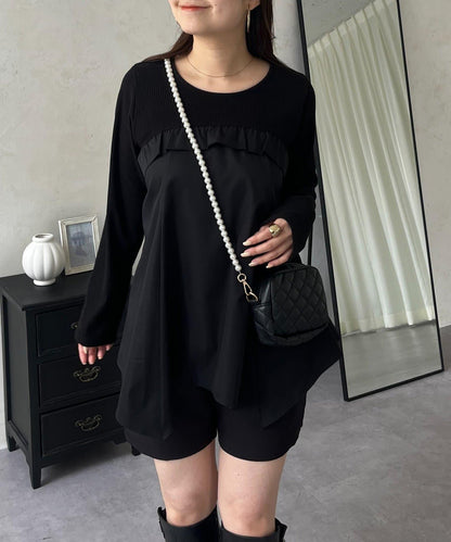 不規則下襬荷葉邊拼接A字羅紋長袖T恤