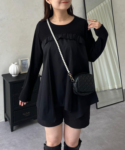 不規則下襬荷葉邊拼接A字羅紋長袖T恤