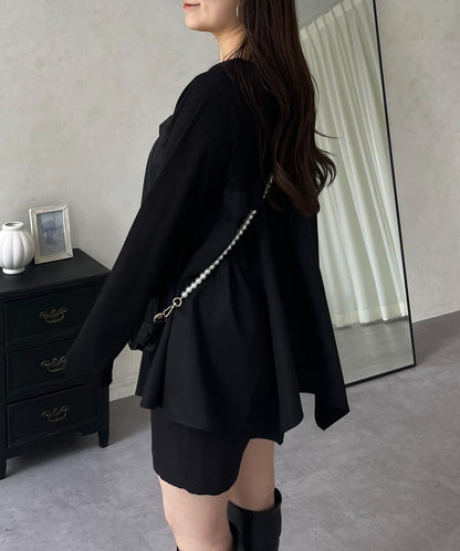 不規則下襬荷葉邊拼接A字羅紋長袖T恤