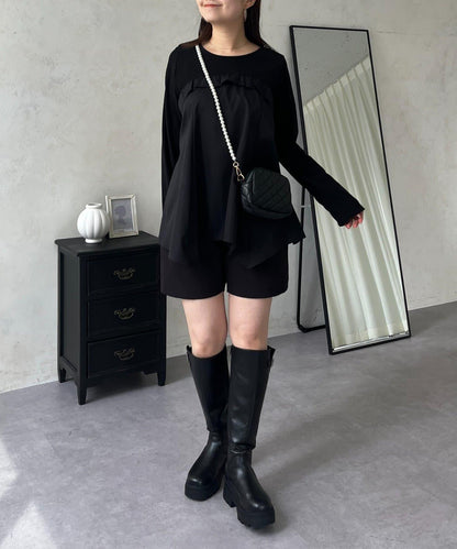 不規則下襬荷葉邊拼接A字羅紋長袖T恤