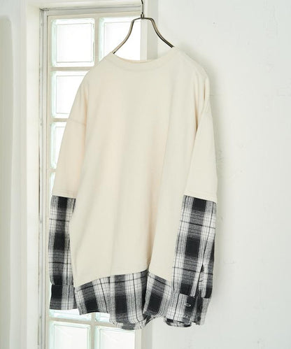 格子襯衫拼接內刷毛套頭衫