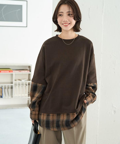 格子襯衫拼接內刷毛套頭衫