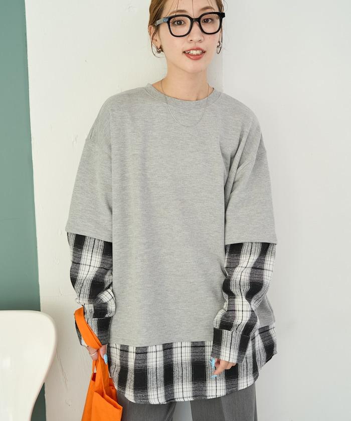 格子襯衫拼接內刷毛套頭衫