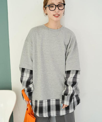 格子襯衫拼接內刷毛套頭衫