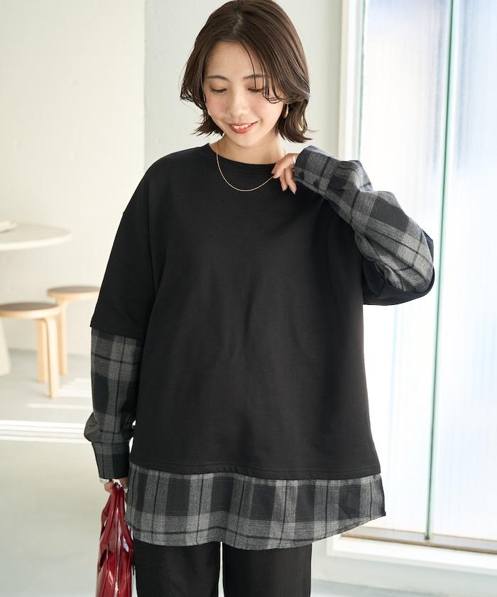 格子襯衫拼接內刷毛套頭衫