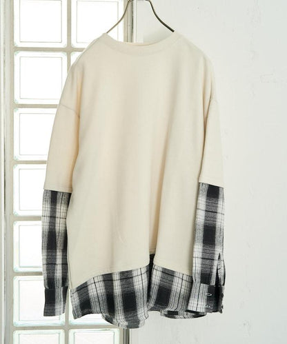 格子襯衫拼接內刷毛套頭衫