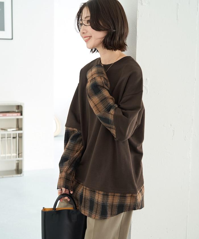 格子襯衫拼接內刷毛套頭衫