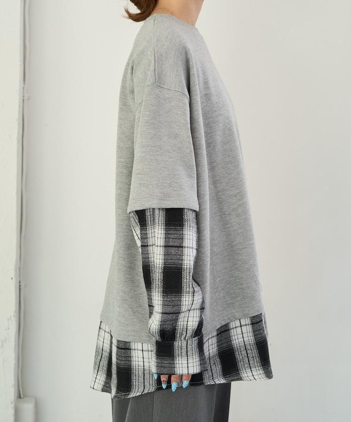 格子襯衫拼接內刷毛套頭衫