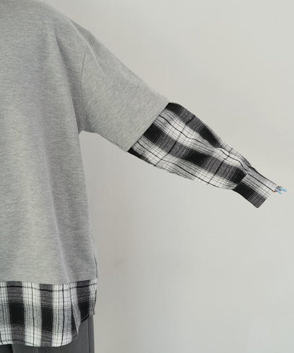 格子襯衫拼接內刷毛套頭衫