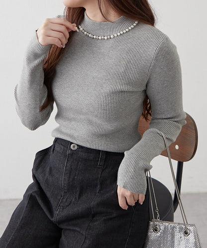 【RMAF】珍珠裝飾小高領羅紋針織衫