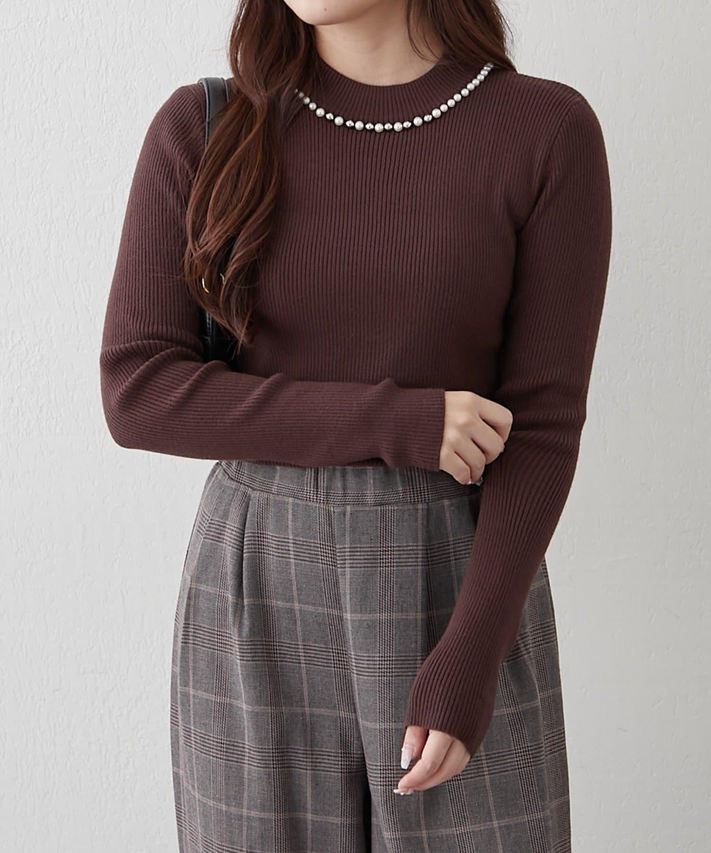 【RMAF】珍珠裝飾小高領羅紋針織衫