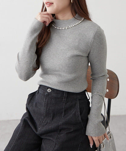 【RMAF】珍珠裝飾小高領羅紋針織衫