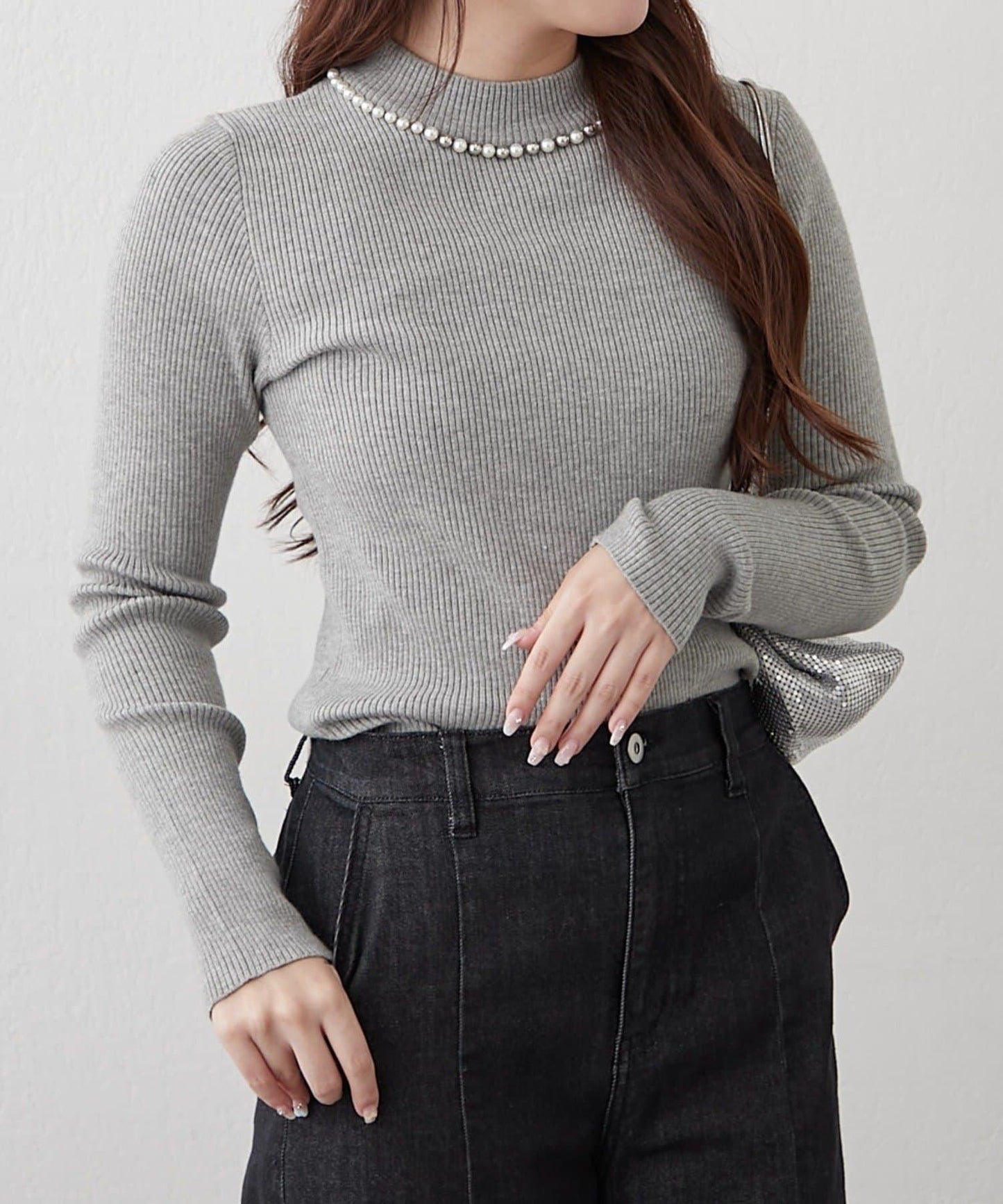 【RMAF】珍珠裝飾小高領羅紋針織衫