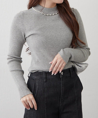 【RMAF】珍珠裝飾小高領羅紋針織衫