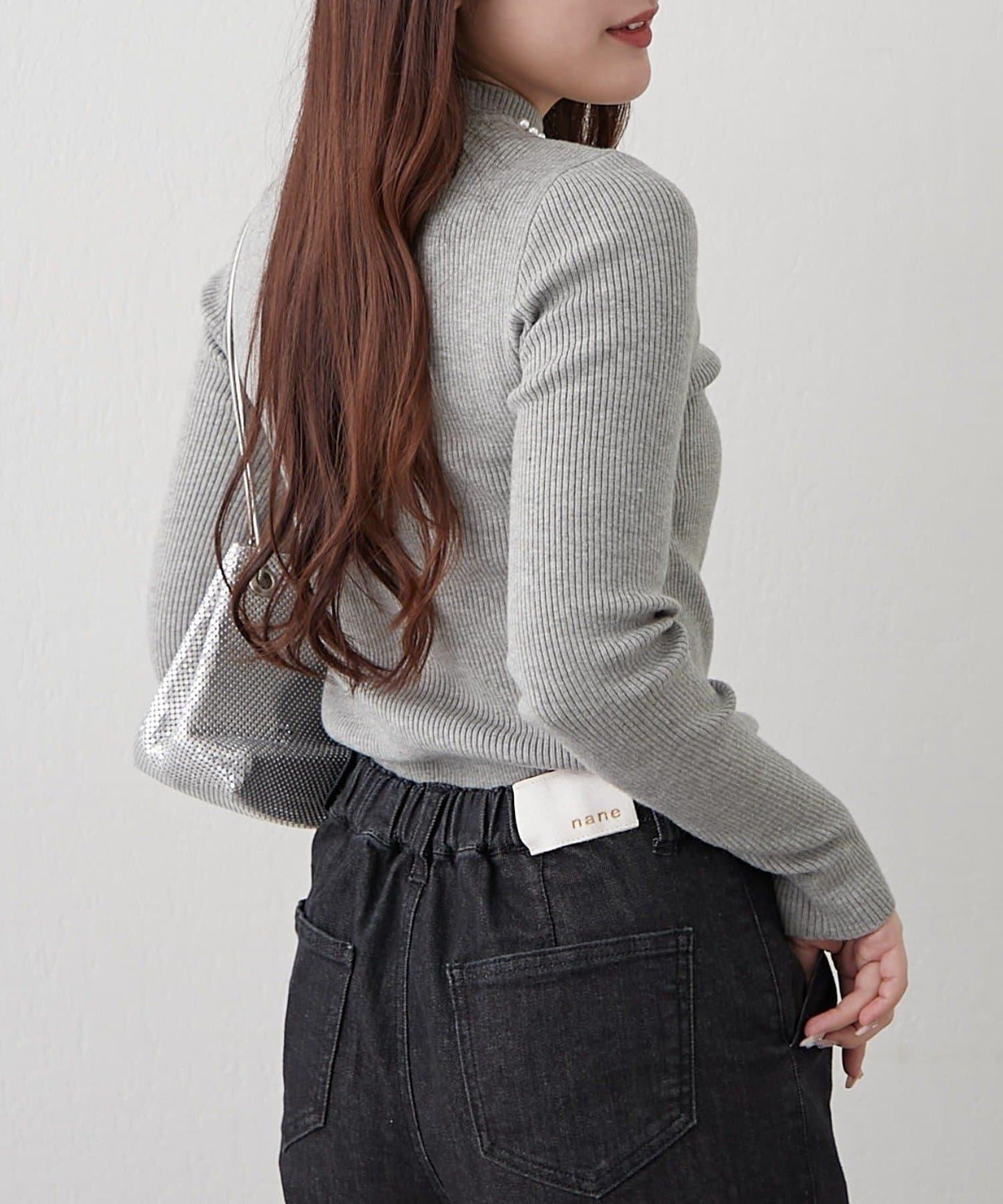 【RMAF】珍珠裝飾小高領羅紋針織衫