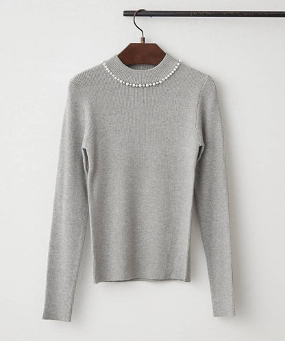 【RMAF】珍珠裝飾小高領羅紋針織衫