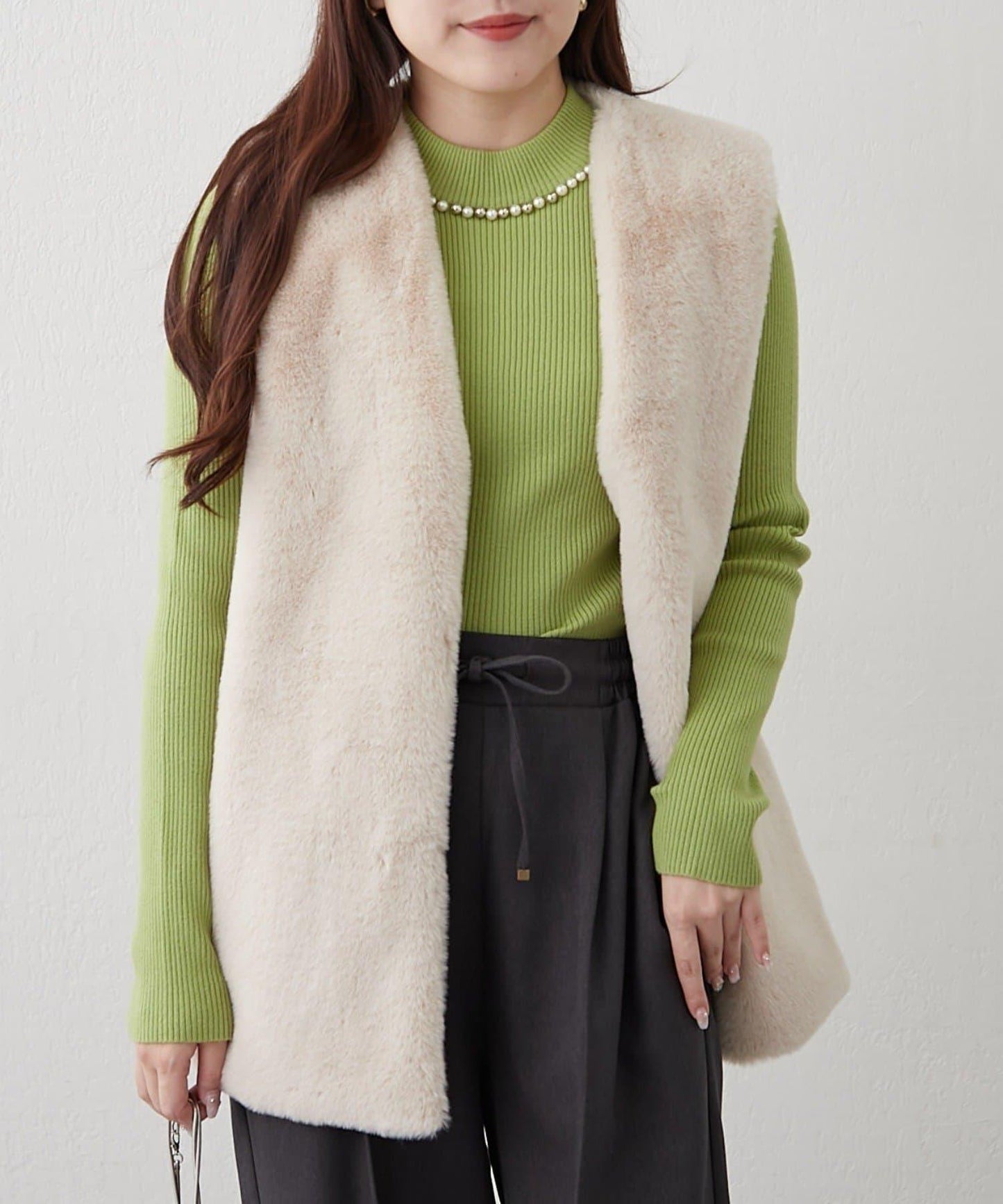 【RMAF】珍珠裝飾小高領羅紋針織衫