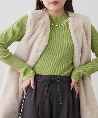 【RMAF】珍珠裝飾小高領羅紋針織衫