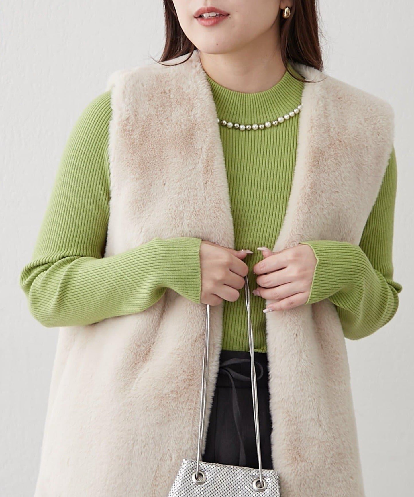 【RMAF】珍珠裝飾小高領羅紋針織衫