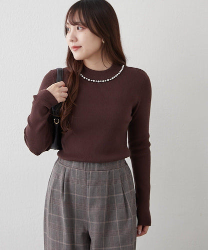 【RMAF】珍珠裝飾小高領羅紋針織衫