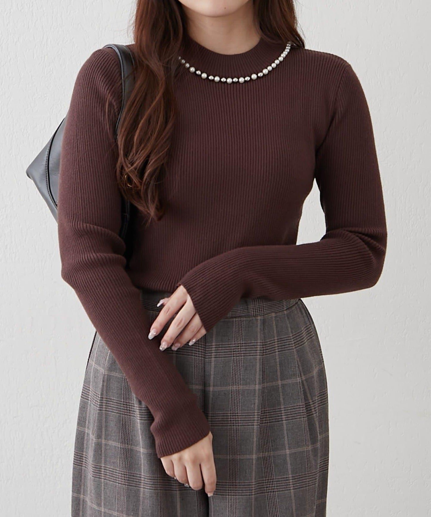 【RMAF】珍珠裝飾小高領羅紋針織衫