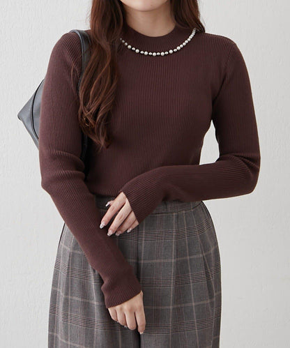 【RMAF】珍珠裝飾小高領羅紋針織衫