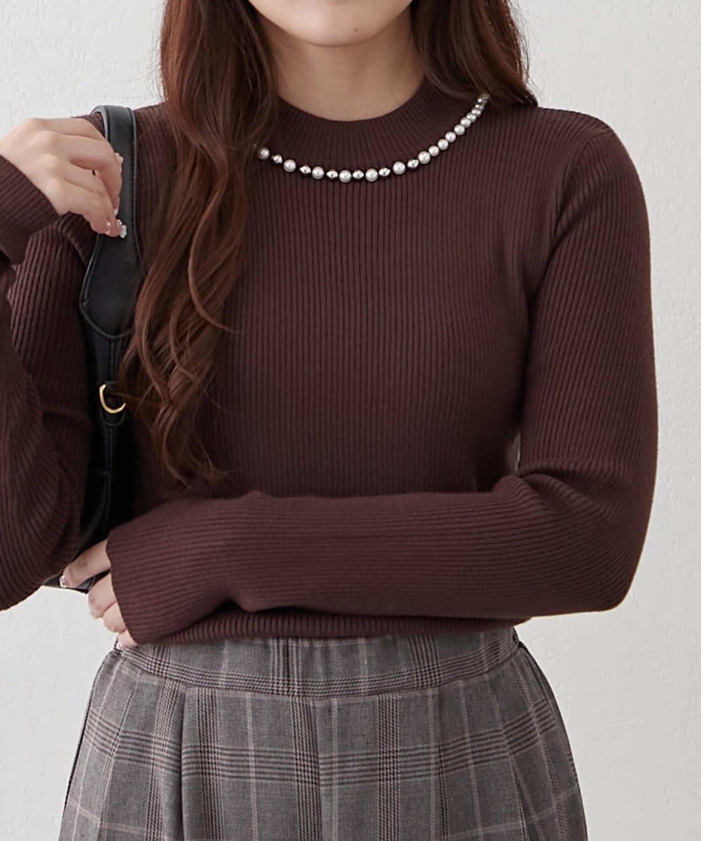 【RMAF】珍珠裝飾小高領羅紋針織衫