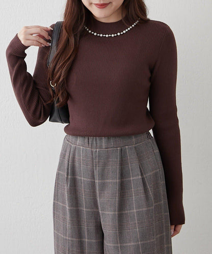 【RMAF】珍珠裝飾小高領羅紋針織衫